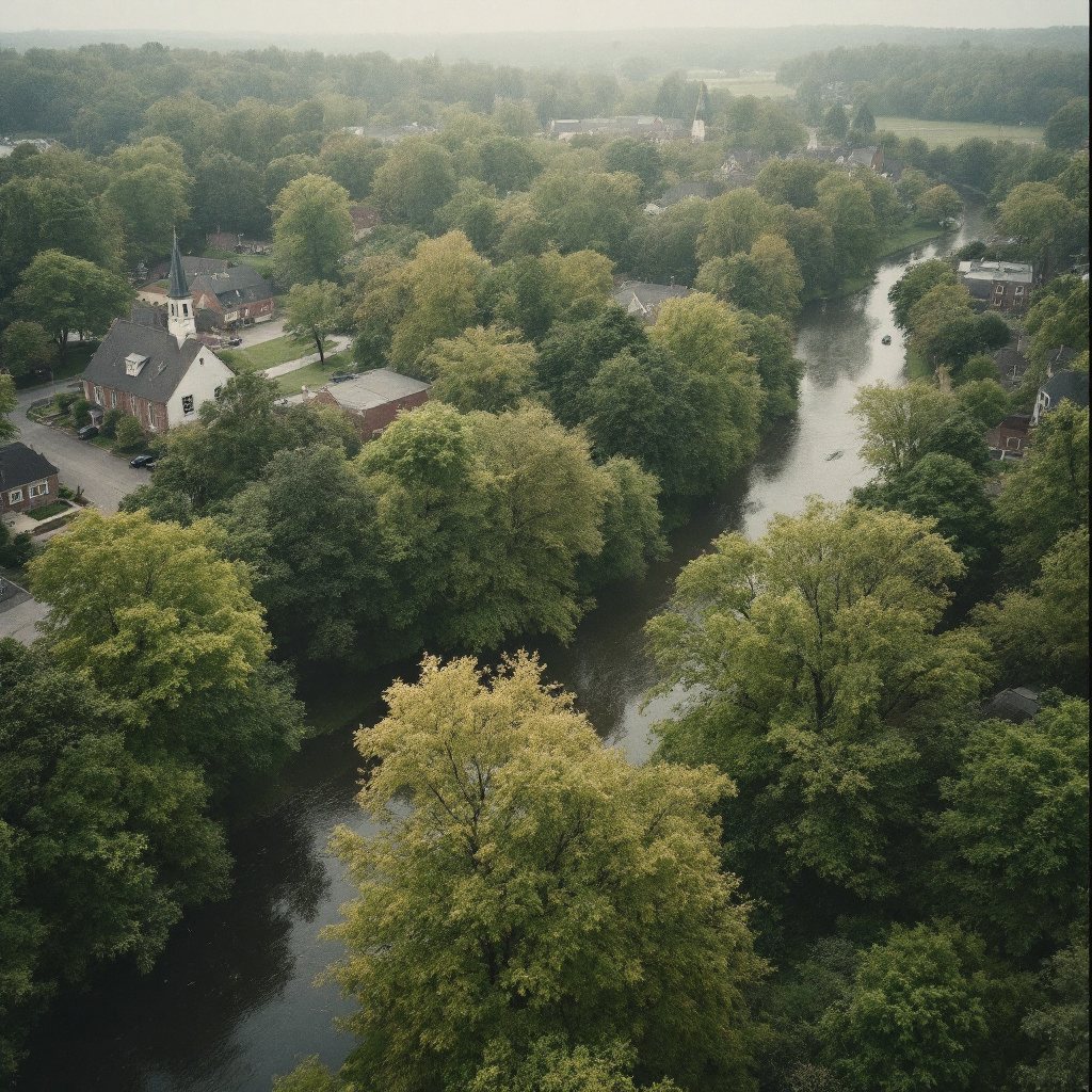 Leafy Indiana town with a creek winding through mature trees