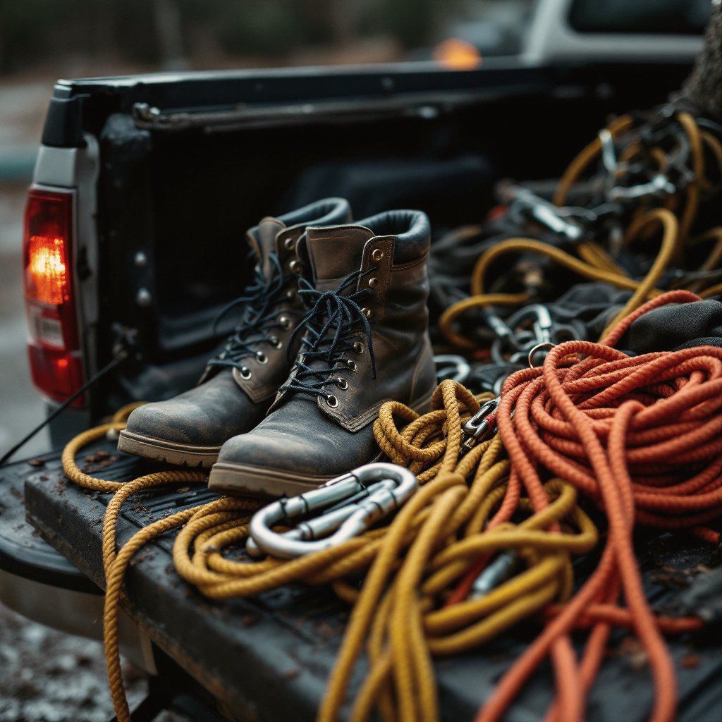 Rigging ropes and climbing gear staged on a tailgate at dawn