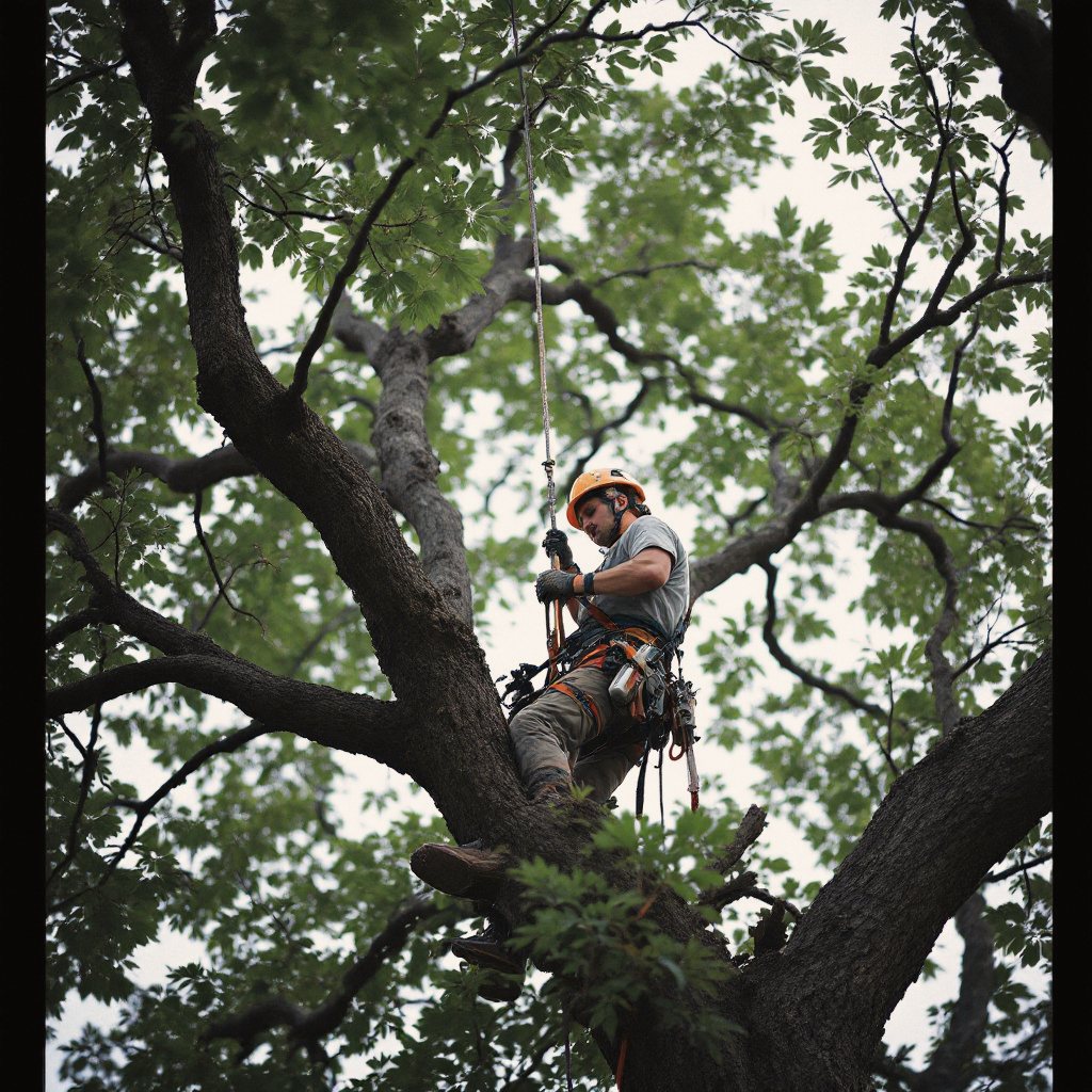 Eagle Creek arborist roped high in an oak canopy above a Boone County neighborhood