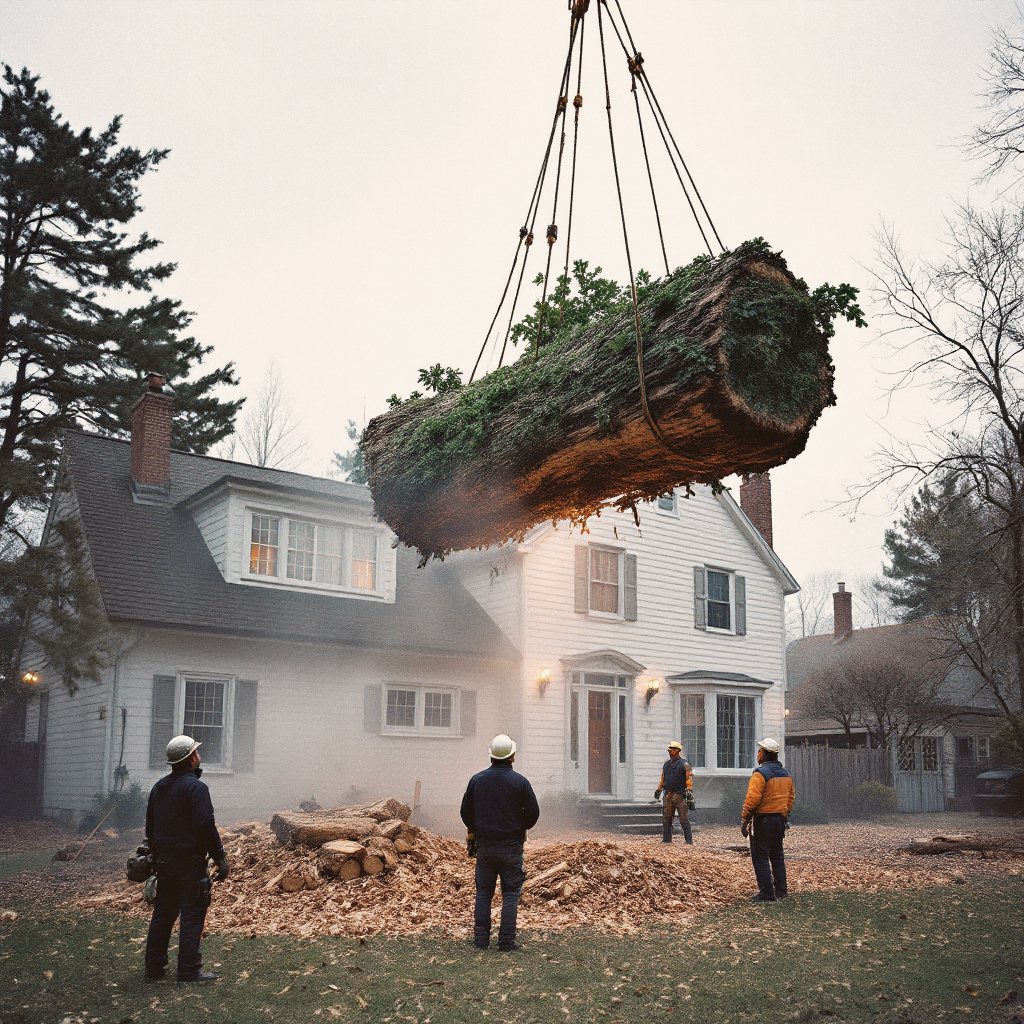 Tree section lowered on rigging ropes past a rooftop