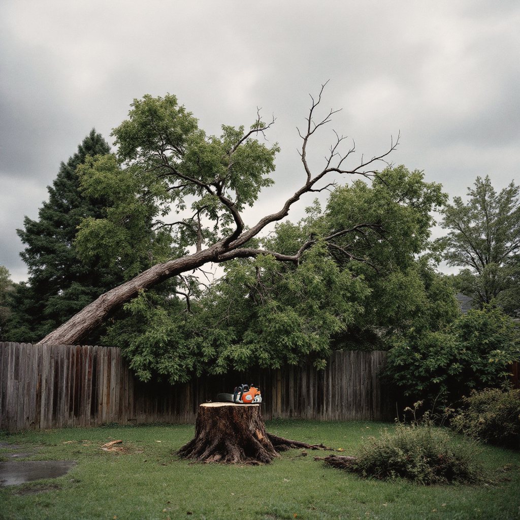 Storm-split maple resting on a backyard fence