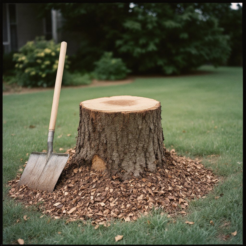 Freshly ground stump reduced to chips in a tidy lawn